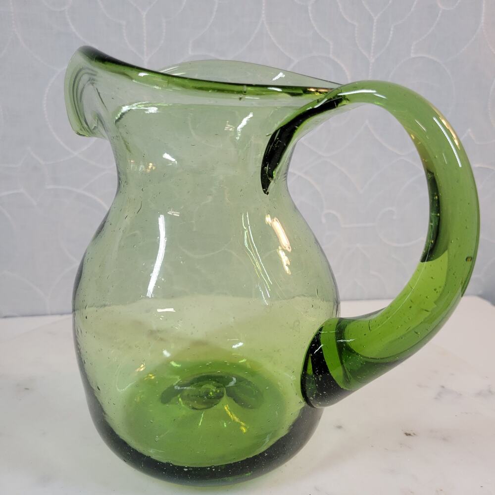 VTG Slung Glass Pitcher 7.25" Green Hand Blown Bubbles Wide Ribbon Mouth Handle